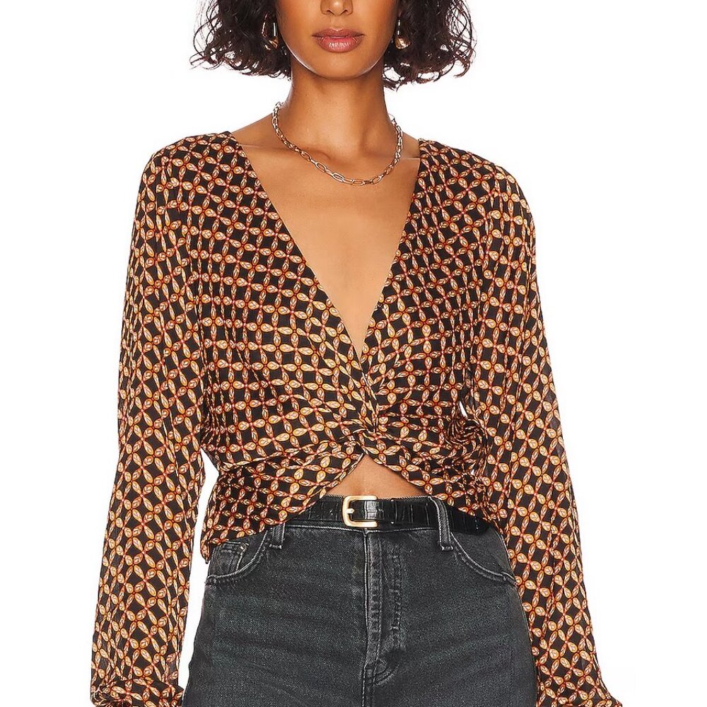 NWT | MINPINK x Revolve Valentina Twist Blouse Long Sleeve Deep V Neck XS